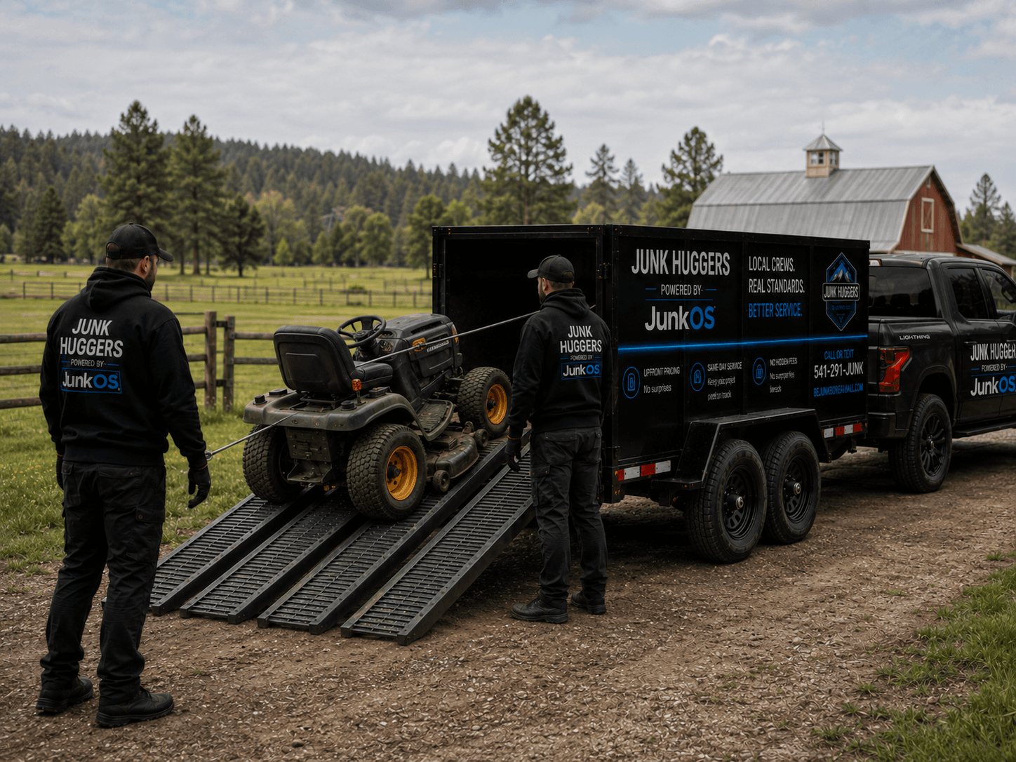 Junk Huggers crew loading an old riding lawn mower