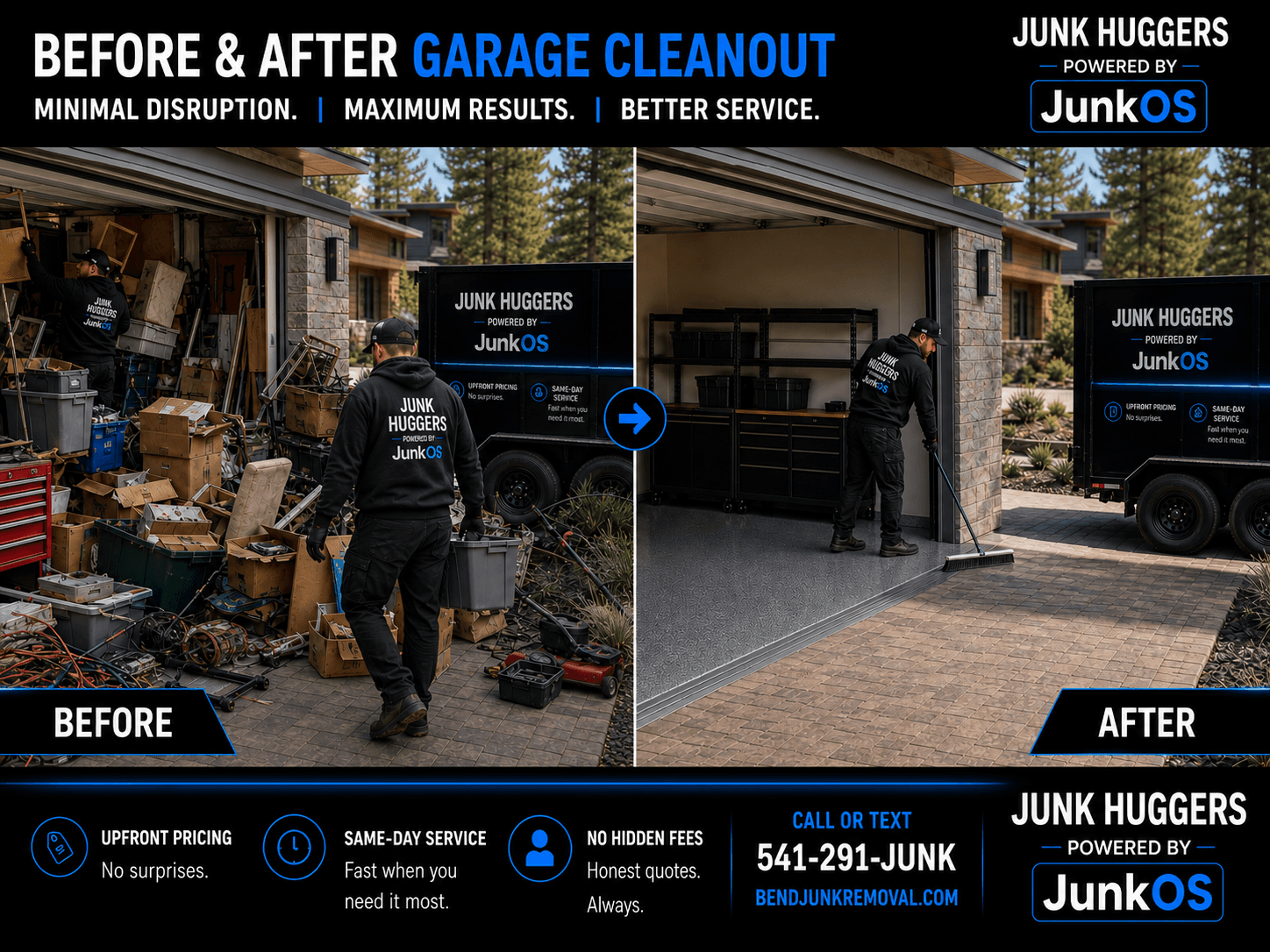 Before and after garage cleanout by Junk Huggers